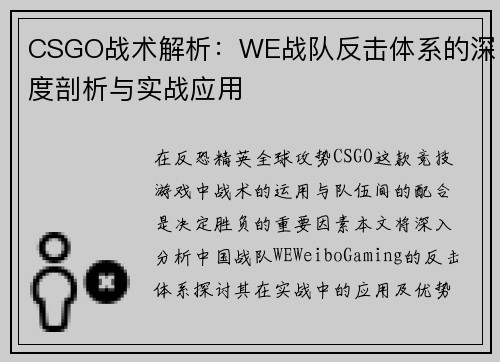 CSGO战术解析：WE战队反击体系的深度剖析与实战应用
